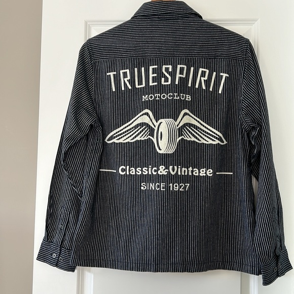 Massive Premium Quality Goods, NYC Navy Blue Striped Shirt w Moto Club Graphics - Picture 1 of 10